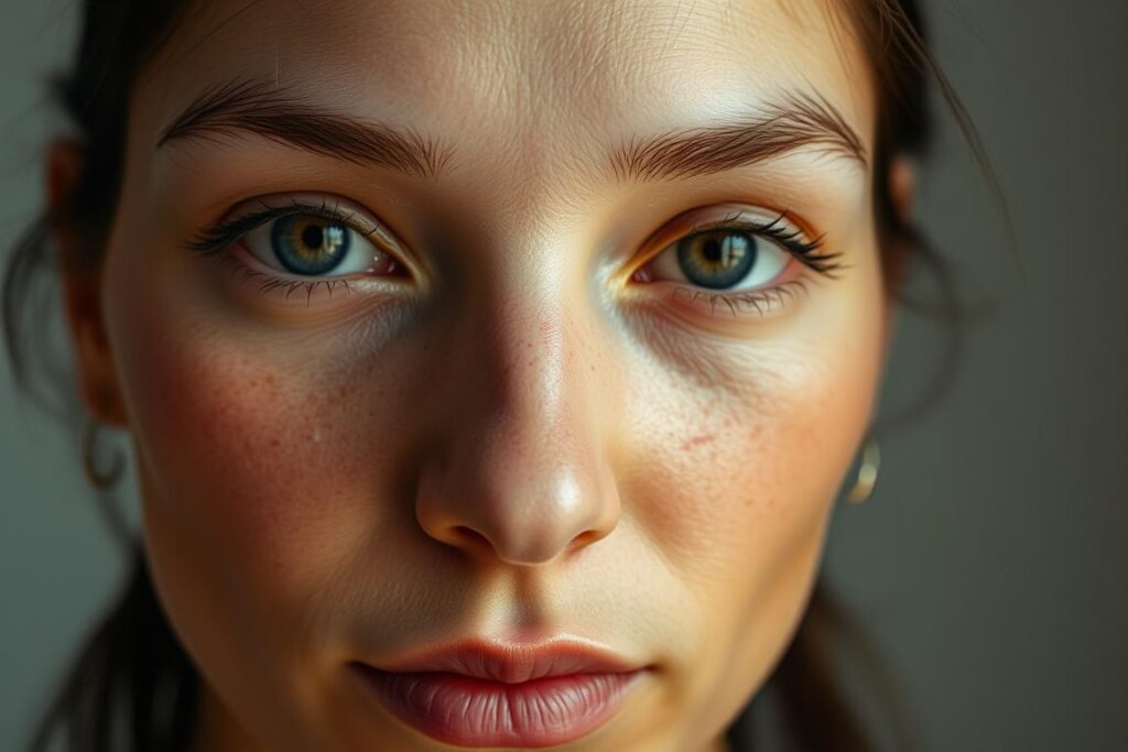 A close-up portrait of a person's face, showcasing various skin discolorations and uneven pigmentation. The foreground captures the intricate details of the skin, with subtle variations in hue and texture across the cheeks, forehead, and nose. The lighting is soft and diffused, creating a natural, almost ethereal glow that accentuates the imperfections. The background is blurred and muted, keeping the focus on the skin's complexities. The overall mood is one of clinical observation, inviting the viewer to closely examine the nuances of the skin condition known as "التصبغات الجلدية".