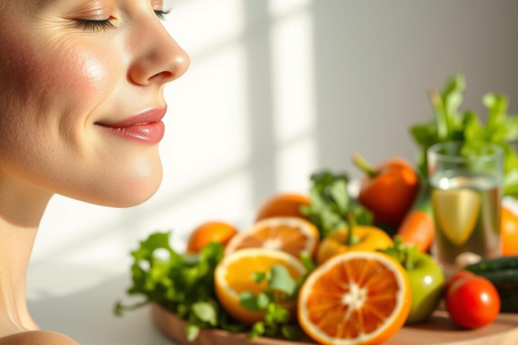 A healthy, glowing skin depicted in a hyper-realistic style. In the foreground, a close-up of a woman's face, her skin radiant and luminous, hydrated and supple. In the middle ground, a selection of fresh, vibrant fruits and vegetables - juicy citrus, leafy greens, and crisp vegetables. In the background, a tranquil, minimalist scene with a glass of clear, pure water. Soft, diffused natural lighting illuminates the scene, highlighting the healthy skin and the nourishing, hydrating foods. The overall mood is one of balance, vitality, and wellness, capturing the essence of a healthy diet and sufficient water intake for a youthful, radiant complexion.