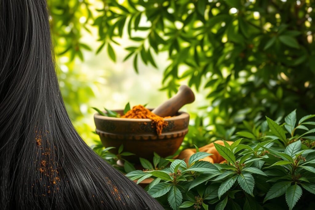 A lush, verdant scene showcasing the vibrant benefits of henna for hair. In the foreground, strands of silky, jet-black hair cascade gracefully, accented by the warm, earthy tones of freshly ground henna powder. In the middle ground, a mortar and pestle grind together henna leaves, honey, and other nourishing ingredients, creating a rich, fragrant paste. The background is filled with a tapestry of verdant foliage, casting a soft, dappled light across the scene. The overall mood is one of natural, restorative harmony, inviting the viewer to experience the transformative power of henna for hair growth, strength, and protection.