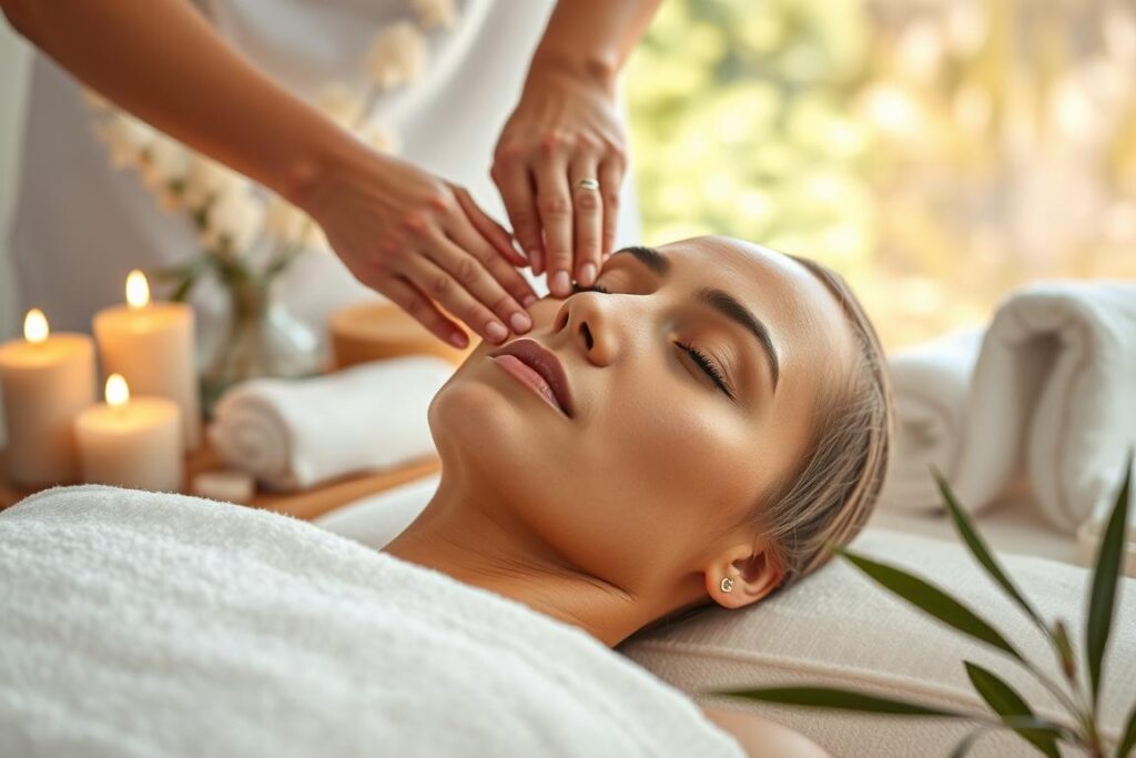 A serene spa setting with a relaxing massage session in progress. In the foreground, skilled hands gently knead and caress a model's face, their touch radiating warmth and rejuvenation. The middle ground showcases soothing aromatherapy candles, calming botanical elements, and plush towels, creating a tranquil ambiance. The background softly fades into a natural, sun-dappled scene, evoking a sense of balance and harmony. Subtle lighting accentuates the model's youthful, glowing complexion, highlighting the restorative effects of the massage. An atmosphere of tranquility and self-care pervades the scene, embodying the power of massage to revitalize the skin and combat the signs of aging.