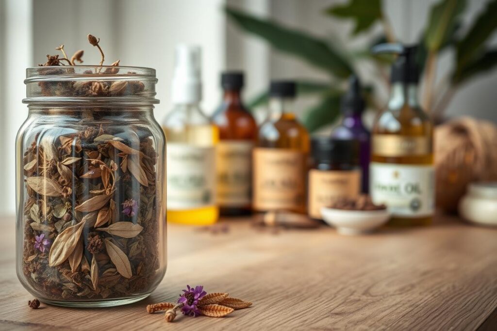 A serene, well-lit close-up of natural hair care products on a wooden tabletop. In the foreground, a glass jar filled with fragrant dried herbs and flowers, conveying the natural, homemade essence of the hair care recipes. In the middle ground, an arrangement of glass bottles containing natural oils, butters, and hair masks, their labels showcasing the ingredients. The background is softly blurred, drawing the viewer's focus to the beautifully curated selection of natural hair care essentials. The overall mood is one of tranquility, wellness, and a holistic approach to caring for dyed, color-treated hair.
